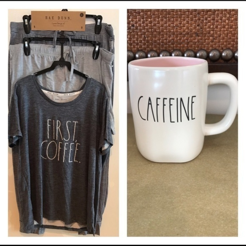 Rae Dunn, ‘First Coffee/Caffeine’ PJ set/mug. SZ: Large. NWT.